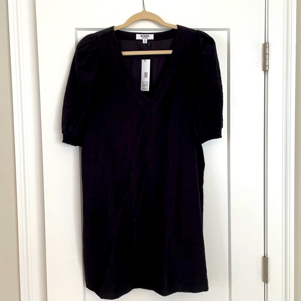 V-Nexk puffy sleeve straight dress with pockets